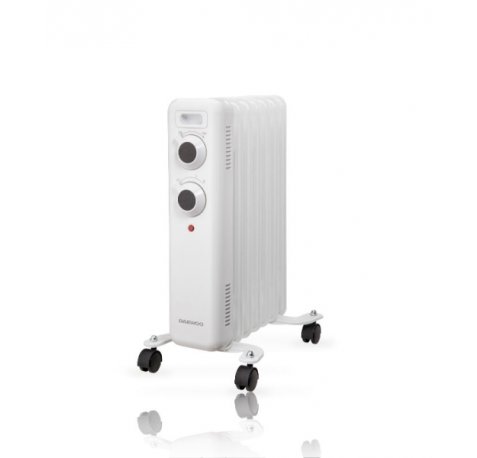Daewoo DW9502 Radiador de Aceite - Potencia 1500W - 7 Elementos - Termostato Regulable - Ruedas - Asa de Transporte - Indicador Luminoso - Color Blanco