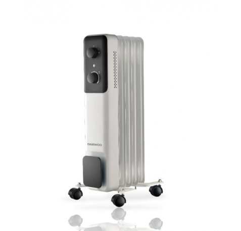 Daewoo DW9504 Radiador de Aceite - Potencia 1000W - 5 Elementos - Termostato Regulable - Ruedas - Asa de Transporte - Funcionamiento Automatico - Color Blanco y Negro