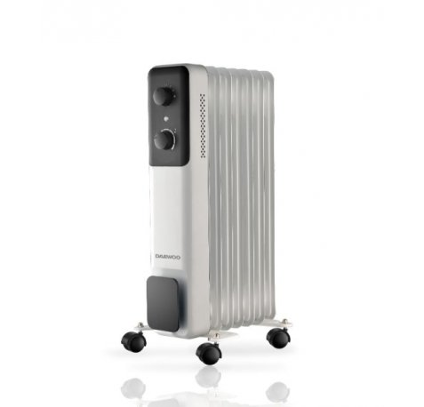 Daewoo DW9505 Radiador de Aceite - Potencia 1500W - 7 Elementos - Termostato Regulable - Ruedas - Asa de Transporte - Funcionamiento Automatico - Color Blanco y Negro