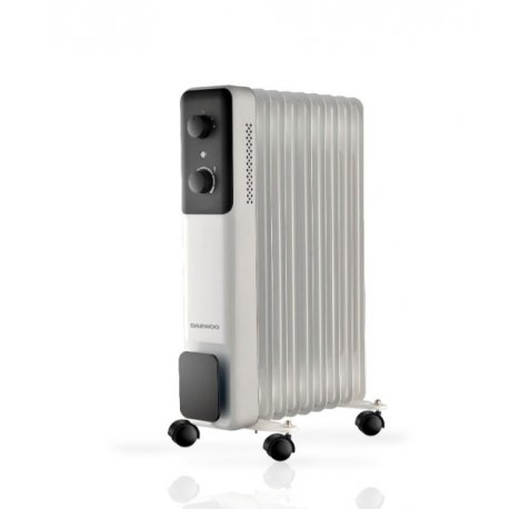 Daewoo DW9506 Radiador de Aceite - Potencia 2000W - 9 Elementos - Termostato Regulable - Ruedas - Asa de Transporte - Funcionamiento Automatico - Color Blanco y Negro