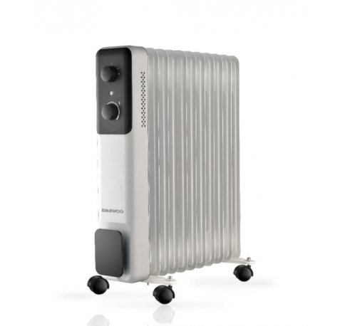 Daewoo DW9507 Radiador de Aceite - Potencia 2500W - 11 Elementos - Termostato Regulable - Ruedas - Asa de Transporte - Funcionamiento Automatico - Color Blanco y Negro