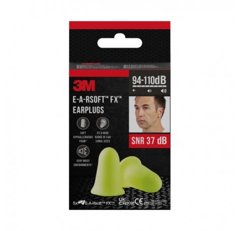 3M E-A-Rsoft Fx Pack de 10 Tapones para Oidos - Espuma de Poliuretano Suave - SNR 37dB - 5 Pares - Color Amarillo