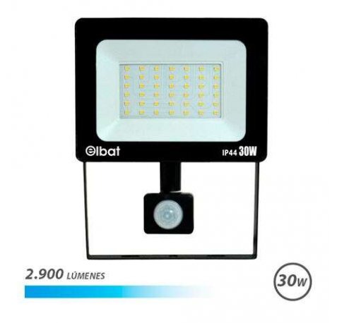 Elbat Foco LED con Sensor de Movimiento - Potencia: 30W - Lumenes: 2900 - Luz Fria 6.500K - Vida Util: 30.000 - 50.000 Horas - Angulo 120º - Proteccion IP44 - Distancia de Deteccion: 5 a 12 Metros