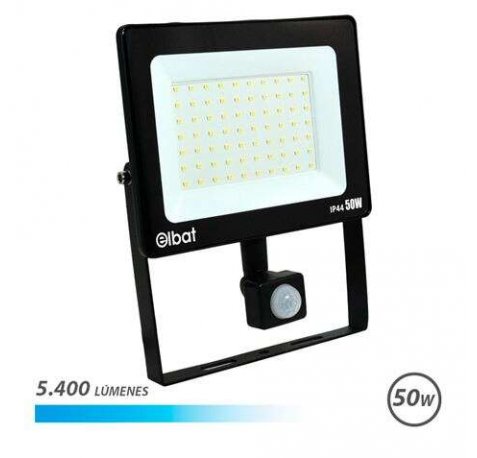 Elbat Foco LED de 50W - Potencia: 50W - Lumenes: 5400 - Sensor de Movimiento - 6.500K Luz Fria - 30.000 - 50.000 Horas de Vida - Angulo 120º - Proteccion: IP44 - Distancia Deteccion de Movimiento: 5 a 12 Metros