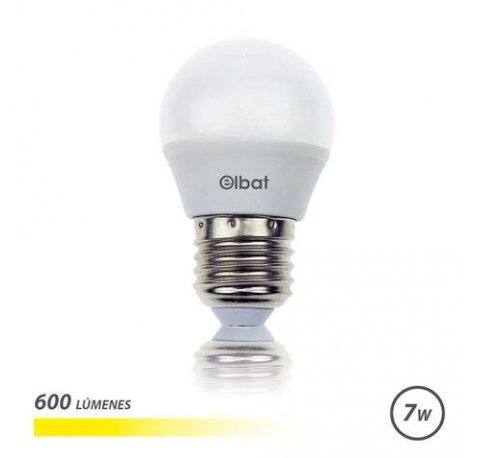 Elbat Bombilla LED - Potencia: 7W - Lumenes: 600 - Tipo de Luz: 3000K Luz Calida - Casquillo: E27 - Angulo: 220º - Dimensiones: 45X78mm - 30.000 Horas de Vida - 15.000 Encendidos - Color Blanco