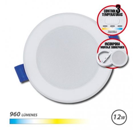 Elbat Downlight Circular 12W - 960Lm - Selector 3 Temperaturas + Sobrepared - Color Blanco