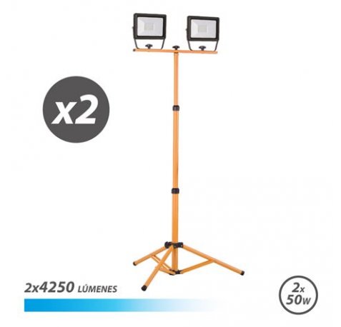 Elbat Foco LED con Tripode 2 x 50W - 4250 Lumenes - 6500K Luz Fria - Cable de 3m - IP65 para Uso en Exterior