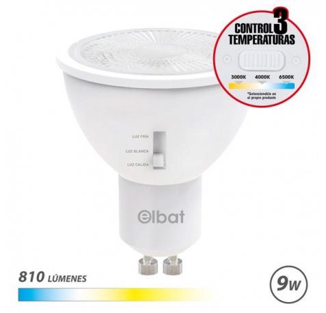 Elbat Bombilla LED GU10 - 9W - 810Lm - Selector de Luz - Calida 3000K, Blanca 4000K y Fria 6500K