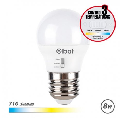 Elbat Bombilla LED G45 - 8W - 710Lm - E27 - Selector de Luz - Calida 3000K, Blanca 4000K y Fria 6500K