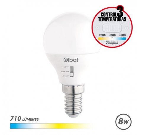 Elbat Bombilla LED G45 - 8W - 710Lm - E14 - Selector de Luz - Calida 3000K, Blanca 4000K y Fria 6500K