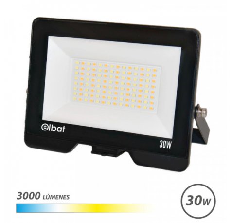 Elbat Serie Lumax Foco LED - Potencia 30W - Flujo Luminoso 3000lm - CCT 3 en 1 - 3000K / 4000K / 6500K - IP65 - Apertura 120Âº - Exterior - Vida Util hasta 50.000h - 174x126x25mm - Color Negro