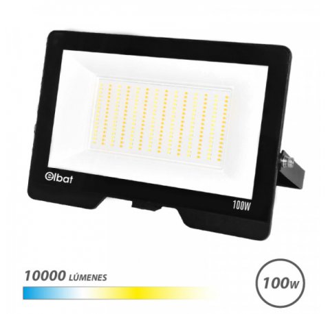 Elbat Serie Lumax Foco LED - Potencia 100W - Flujo Luminoso 10.000lm - CCT 3 en 1 - 3000K / 4000K / 6500K - IP65 - Apertura 120Âº - Exterior - Vida Util hasta 50.000h - 280x185x27mm - Color Negro
