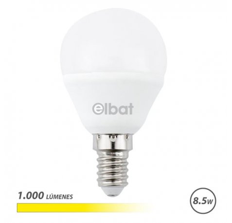Elbat G45 Bombilla LED - Potencia 8.5W - Flujo Luminoso 1000lm - E14 - Temperatura de Color 3000K - Luz Calida - Apertura 180Âº - Vida Util 30.000h - 15.000 Encendidos - 45x78mm - Color Blanco