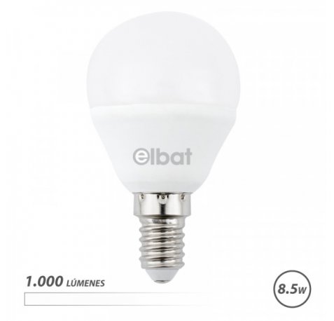 Elbat G45 Bombilla LED - Potencia 8.5W - Flujo Luminoso 1000lm - E14 - Temperatura de Color 4000K - Luz Blanca - Apertura 180Âº - Vida Util 30.000h - 15.000 Encendidos - 45x78mm - Color Blanco