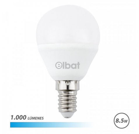 Elbat G45 Bombilla LED - Potencia 8.5W - Flujo Luminoso 1000lm - E14 - Temperatura de Color 6500K - Luz Fria - Apertura 180Âº - Vida Util 30.000h - 15.000 Encendidos - 45x78mm - Color Blanco