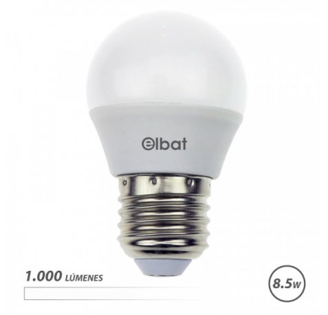 Elbat G45 Bombilla LED - Potencia 8.5W - Flujo Luminoso 1000lm - E27 - Temperatura de Color 4000K - Luz Blanca - Apertura 180Âº - Vida Util 30.000h - 15.000 Encendidos - 45x78mm - Color Blanco