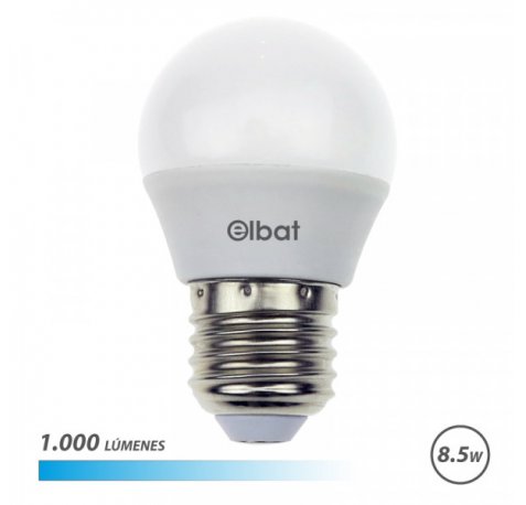 Elbat G45 Bombilla LED - Potencia 8.5W - Flujo Luminoso 1000lm - E27 - Temperatura de Color 6500K - Luz Fria - Apertura 180Âº - Vida Util 30.000h - 15.000 Encendidos - 45x78mm - Color Blanco