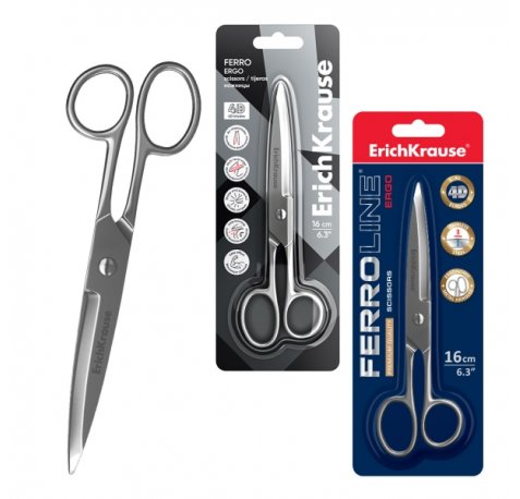 ErichKrause Ferro Tijeras de 16cm - Cuchillas en Forma de Arco Engrosadas - Fabricadas Completamente en Acero - Ergonomicas - Color Plata