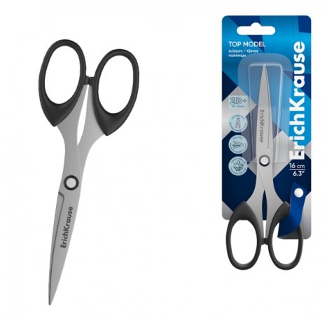 ErichKrause Top Model Tijeras de 16cm - Cuchillas en Forma de Arco - Mangos de Plastico Resistente a Golpes - Afilado Doble - Acero Inoxidable - Ergonomicas - Color Negro