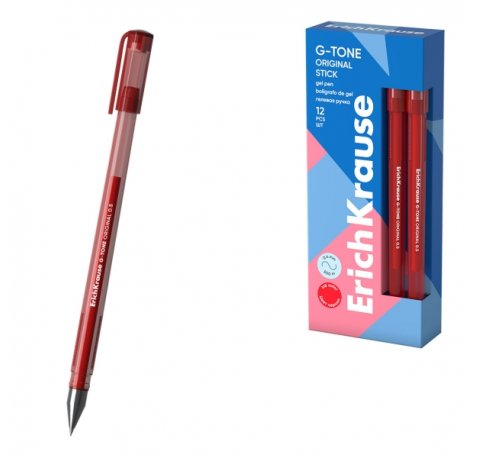 ErichKrause G-Tone Stick Original Boligrafo con Capuchon - Punta de 0.5mm - Trazo 0.4mm - Tinta de Gel - Resistente al Agua - Secado Rapido - Tapa Ventilada - Color Rojo (12 uds)