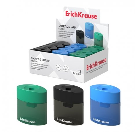 ErichKrause SMART and SHARP Expositor con 16 Sacapuntas con Contenedor - Plastico - Cuchilla Niquelada de Acero al Carbono - Orificio de 8mm - Colores Surtidos