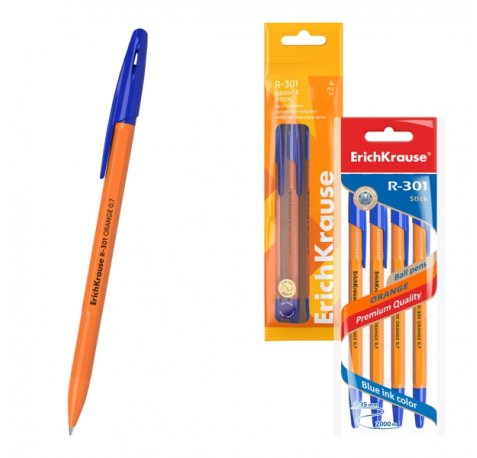 ErichKrause R-301 Stick Orange Pack de 4 Boligrafos con Capuchon - Punta de 0.7mm - Cuerpo Opaco Naranja - Trazo 0.35mm - Color Azul