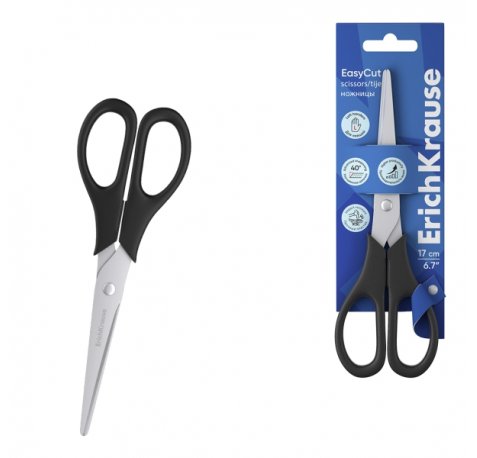 ErichKrause EasyCut Tijeras de 17cm para Zurdos - Mangos de Plastico Resistente a Golpes - Afilado Doble - Acero Inoxidable - Ergonomicas - Color Negro