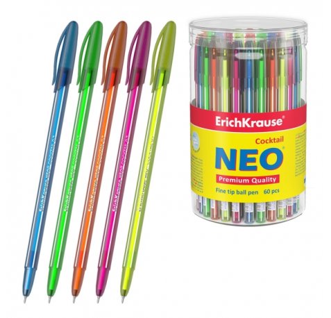 ErichKrause Neo Stick Cocktail Boligrafo con Capuchon - Modelos Surtidos - Trazo 0.26mm - Tinta de Baja Viscosidad - Color Azul (60 uds)