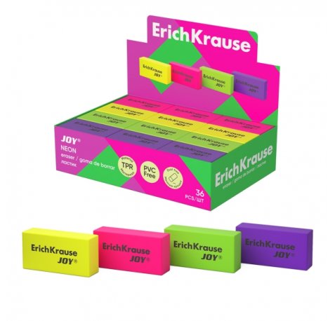 ErichKrause JOY Neon Expositor con 36 Gomas de Borrar - Caucho Termoplastico - Hipoalergenico - Libre de PVC - Colores Surtidos