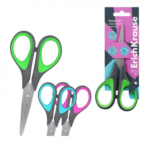 ErichKrause EasyCut+ Tijeras de 15cm - Mangos de Plastico y Goma Antideslizante - Afilado Doble - Acero Inoxidable - Colores Surtidos