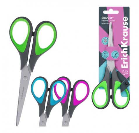 ErichKrause EasyCut+ Tijeras de 17cm - Mangos de Plastico y Goma Antideslizante - Afilado Doble - Acero Inoxidable - Colores Surtidos