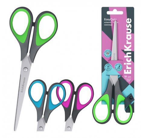 ErichKrause EasyCut+ Tijeras de 19cm - Mangos de Plastico y Goma Antideslizante - Afilado Doble - Acero Inoxidable - Ergonomicas - Colores Surtidos