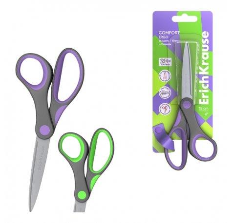ErichKrause Comfort Tijeras de 15cm - Mangos de Plastico y Goma Antideslizante - Afilado Doble - Acero Inoxidable - Ergonomicas - Colores Surtidos
