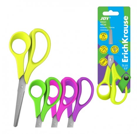 ErichKrause JOY Ergo Tijeras de 14cm para Zurdos - Puntas Redondeadas - Regla de 5cm en la Hoja - Mangos de Plastico Resistente a Golpes - Acero Inoxidable - Ergonomicas - Colores Surtidos