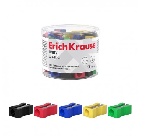 ErichKrause Unity Sacapuntas de Plastico - Cuchilla Niquelada de Acero al Carbono - Orificio de 8mm - Colores Surtidos (55 uds)