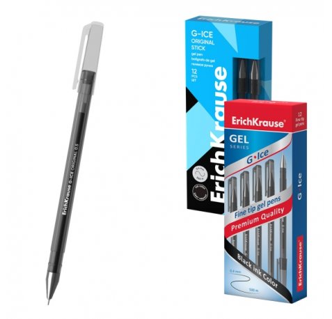 ErichKrause G-Ice Stick Original Boligrafo con Capuchon - Punta de 0.5mm - Trazo 0.4mm - Tinta de Gel - Resistente al Agua - Secado Rapido - Tapa Ventilada - Color Negro (12 uds)