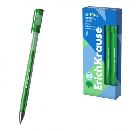 ErichKrause G-Tone Stick Original Boligrafo con Capuchon - Punta de 0.5mm - Trazo 0.4mm - Tinta de Gel - Resistente al Agua - Secado Rapido - Tapa Ventilada - Color Verde (12 uds)