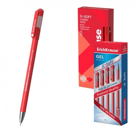 ErichKrause G-Soft Stick Classic Boligrafo con Capuchon - Punta de 0.38mm - Trazo 0.25mm - Tinta de Gel - Resistente al Agua - Secado Rapido - Color Rojo (12 uds)