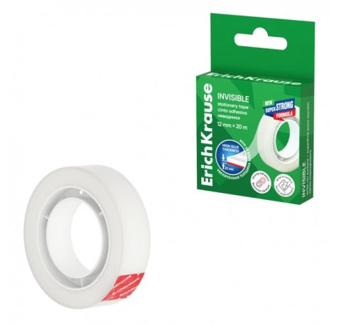 ErichKrause Invisible Cinta Adhesiva - Alta Adhesion - 12mm de Ancho - 20 Metros - Superficie Mate Antideslumbrante - Color Transparente