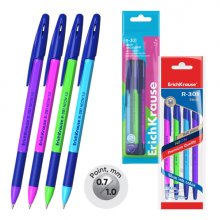 ErichKrause R-301 Stick and Grip Neon Pack de 4 Boligrafos con Capuchon - Modelos Surtidos - Trazo 0.5mm - Zona de Agarre de Goma - Tinta de Secado Rapido - Tapa Ventilada - Color Azul