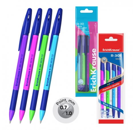 ErichKrause R-301 Stick and Grip Neon Pack de 4 Boligrafos con Capuchon - Modelos Surtidos - Trazo 0.5mm - Zona de Agarre de Goma - Tinta de Secado Rapido - Tapa Ventilada - Color Azul