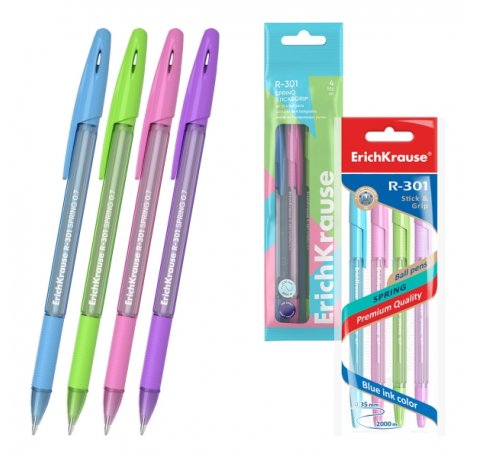 ErichKrause R-301 Stick and Grip Spring Pack de 4 Boligrafos con Capuchon - Modelos Surtidos - Trazo 0.35mm - Zona de Agarre de Goma - Color Azul
