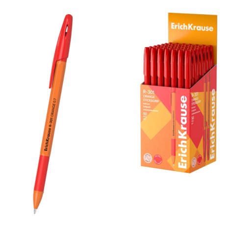 ErichKrause R-301 Stick and Grip Orange Boligrafo con Capuchon - Punta de 0.7mm - Cuerpo Opaco Naranja - Trazo 0.35mm - Zona de Agarre de Goma - Color Rojo (50 uds)