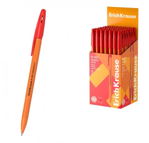 ErichKrause R-301 Stick Orange Boligrafo con Capuchon - Punta de 0.7mm - Cuerpo Opaco Naranja - Trazo 0.35mm - Color Rojo (50 uds)