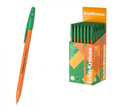 ErichKrause R-301 Stick Orange Boligrafo con Capuchon - Punta de 0.7mm - Cuerpo Opaco Naranja - Trazo 0.35mm - Color Verde (50 uds)