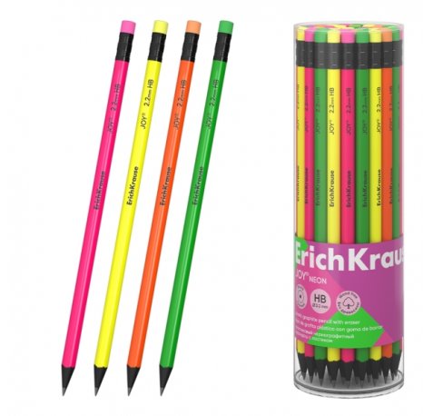 ErichKrause JOY Neon Lapiz de Grafito con Goma de Borrar - Mina HB - Cuerpo Redondo - Plastico - Agarre Ergonomico - Colores Surtidos (42 uds)