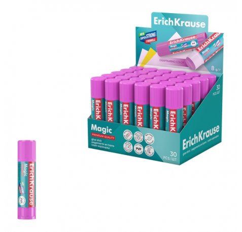 ErichKrause Magic Expositor con 30 Pegamentos en Barra - 8g - No Toxico - Multisuperficie - Color Violeta