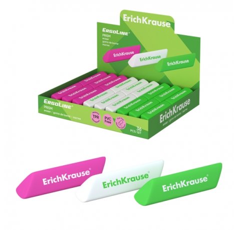 ErichKrause ErgoLine Prism Expositor con 36 Gomas de Borrar - Caucho Termoplastico - Hipoalergenico - No Deja Residuos - Libre de PVC - Colores Surtidos