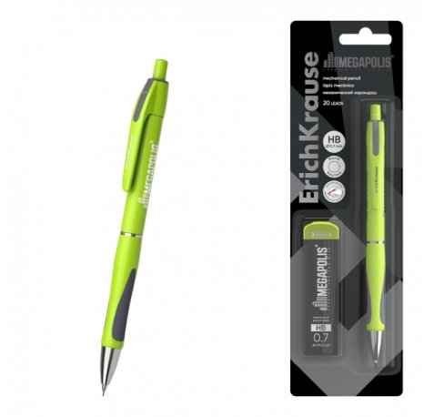 ErichKrause MEGAPOLIS Concept Portaminas - Mina HB de 0.7mm - 20 Minas de Repuesto - Agarre de Goma - Ergonomico - Color Verde