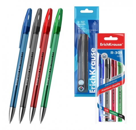 ErichKrause R-301 Gel Stick Original Pack de 4 Boligrafos con Capuchon - Punta de 0.5mm - Trazo 0.4mm - Tinta de Gel - Resistente al Agua - Secado Rapido - Tapa Ventilada - Colores Surtidos